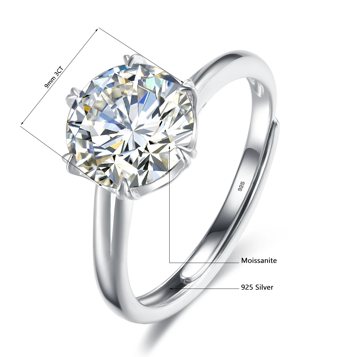 Imagem -05 - Szjinao-anel Moissanite Ajustável para Mulheres Prata Esterlina 925 Jóias Banhado a Platina Carats mm Redondo Noivado Casamento