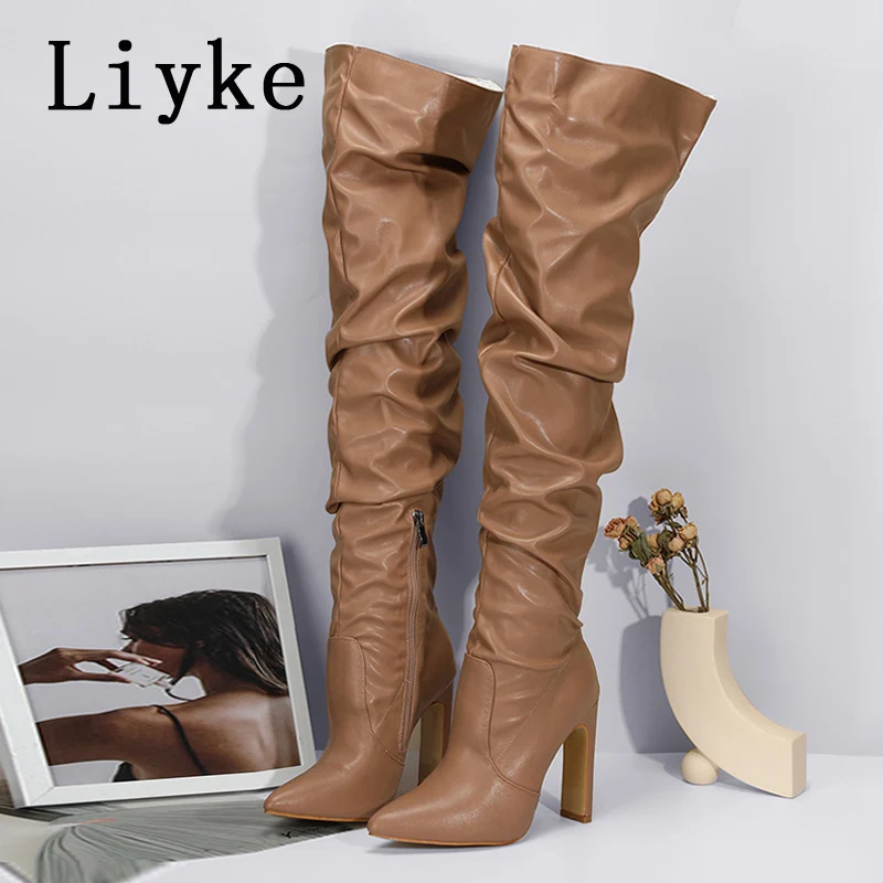 Liyke Fashion Design Pleated Leather Over The Knee Boots Sexy Pointed Toe Zip White High Heels Autumn Winter Women Shoes