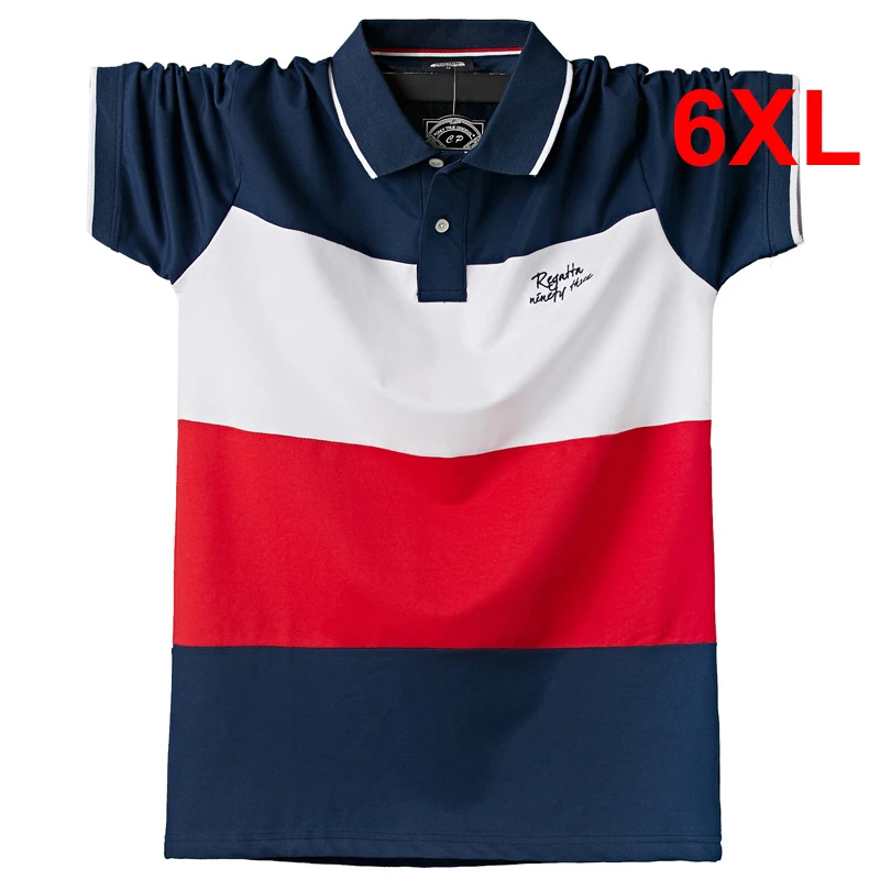 Stripe Polo Shirt Men Big Size 6XL Short Sleeve Polo Shirts Summer Breathable Color Contrast Cotton Tops Plus Size 5XL 6XL