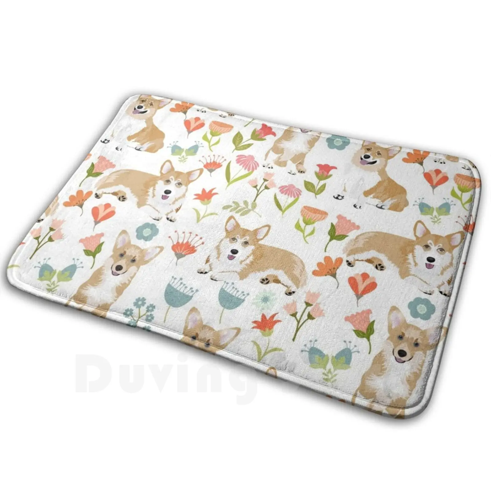 Cute Summer Corgi Flower Pattern Carpet Mat Rug Cushion Soft Dog Cute Animal Pet Corgi Happy Puppy Funny Canine