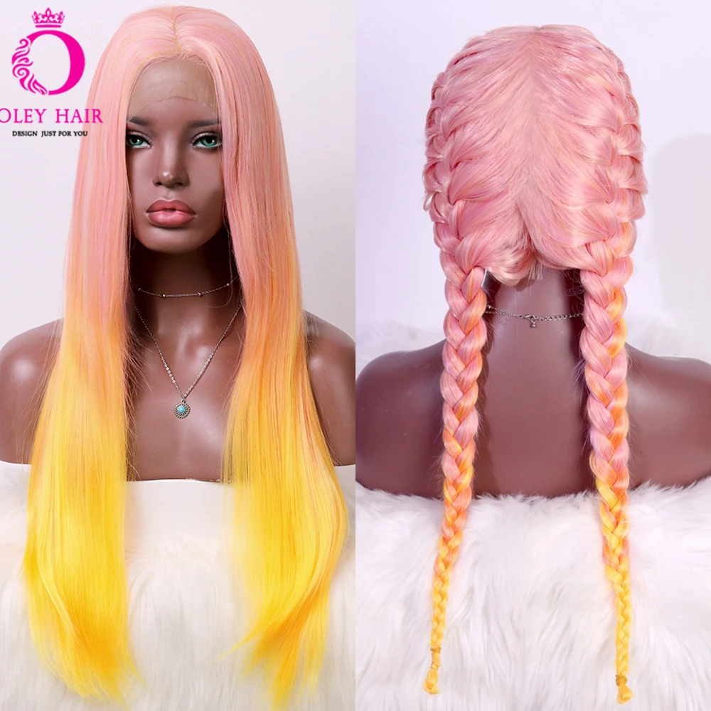 

Yellow Pink Wig Synthetic 13x4 Lace Front Wig Heat Resistant Braided Glueless Darg Queen Cosplay Ombre Wigs For Women 180%