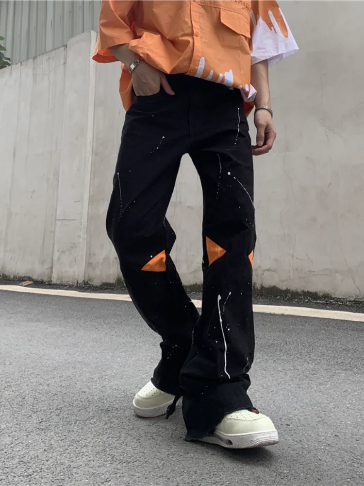 ICCLEK High Street Loose Jeans Zipper Slit Flared Pants Men's Pants Casual Black Denim Pants Stacked Jeans  Men Jeans Pants