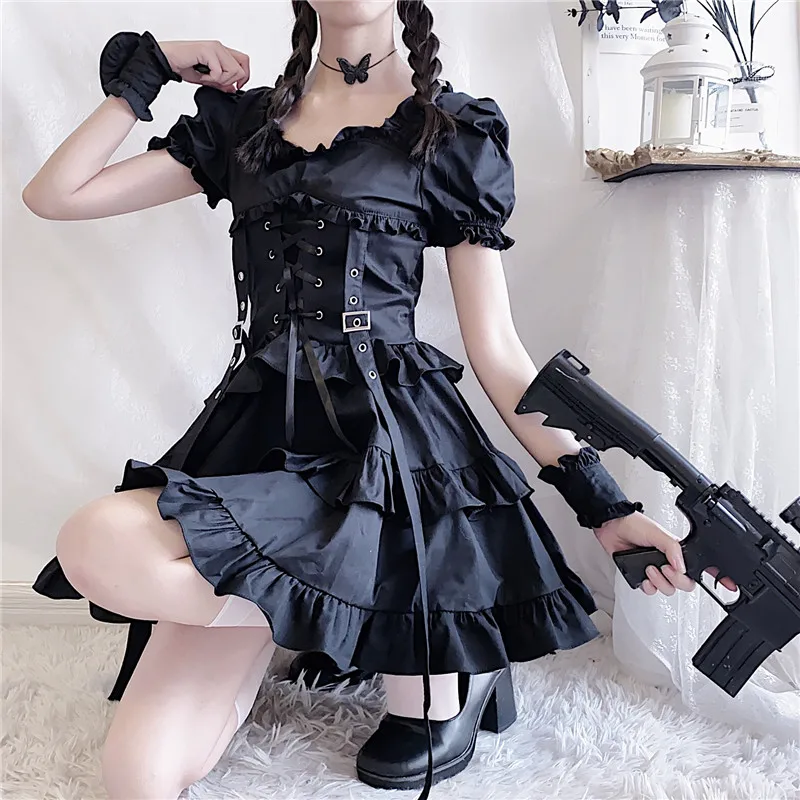 YBYR Black Gothic Lolita Dress Japanese Girl Punk Style Puff Sleeve Bandage Mini Dress Women Sexy Ruffles Dresses Club Clothes