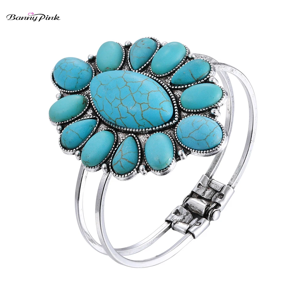 Banny Pink Indian Wedding Geometric Stone Bangle Bracelet For Women Ethnic Metal Spring Bangle Bracelet Retro Handwrist Bangle
