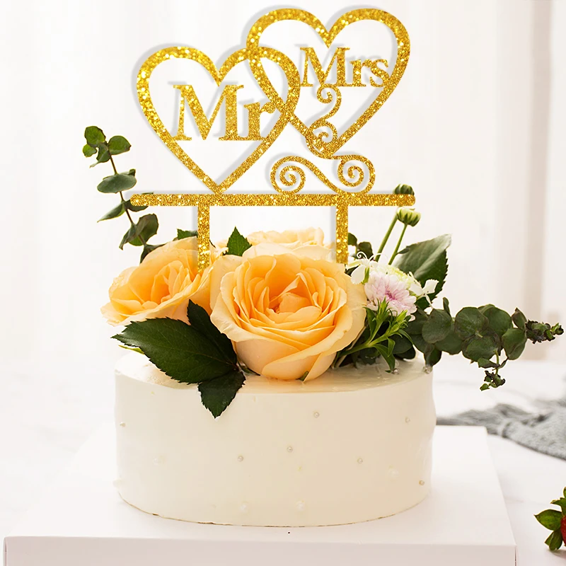 Mr and Mrs Wedding Cake Toppers Insert Golden Mirror Acrylic Cake Topper For Wedding Party Cakemultiple colour Cake Topper Flag