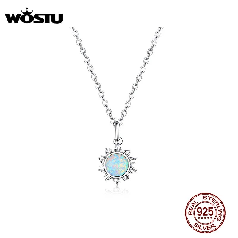 WOSTU Korean Necklace Opal Zircon And 925 Sterling Silver Sun Sunny Long Chain Women Necklace Silver Jewelry CQN399