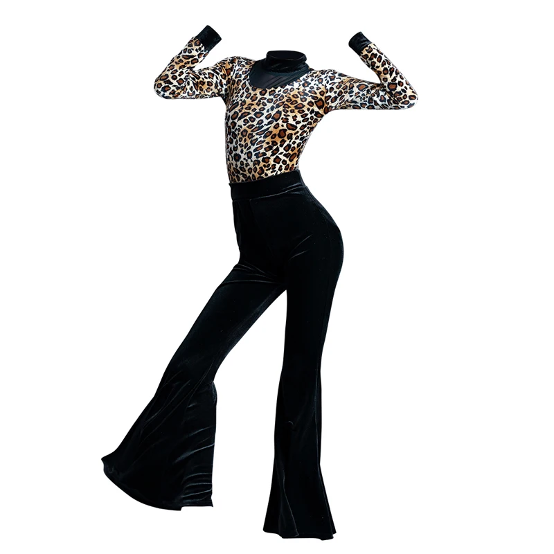 Kids Ballroom Dance Clothes Girls Leopard Latin Top Velvet Flared Pants Latin Dance Competition Costume Practice Wear SL5994