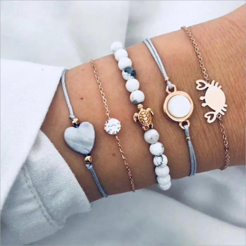 5 قطعة/المجموعة البوهيمي الخرز سحر أساور مجموعة الذهب اللون كراب السلاحف القلب أساور أساور للنساء مجوهرات S2329 #2