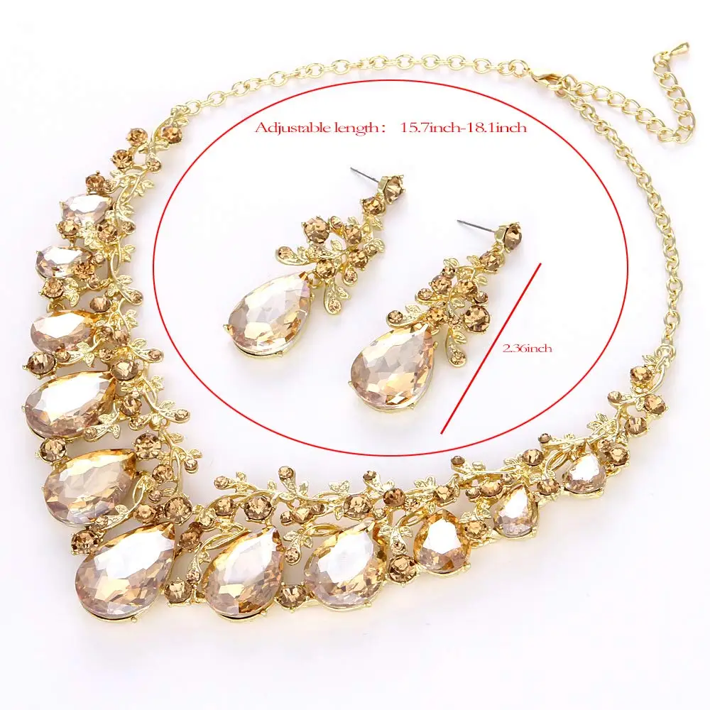 Women Party Crystal Jewelry Sets Statement Fashion Green Color Water Drop Style Bridal Wedding Necklace And Earrings Top Gift