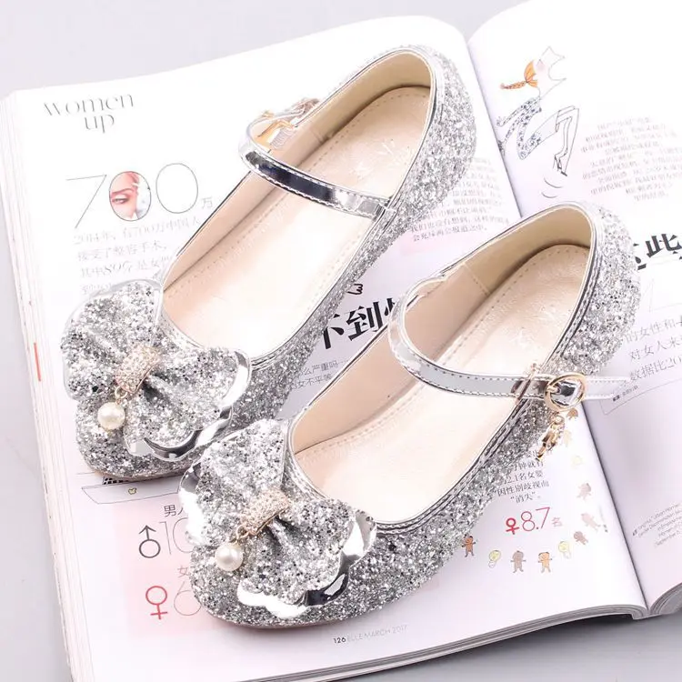 New Princess Kids Leather Shoes For Girls Flower Casual Glitter Party Children High Heel Shoes Butterfly Knot Blue Pink Silver