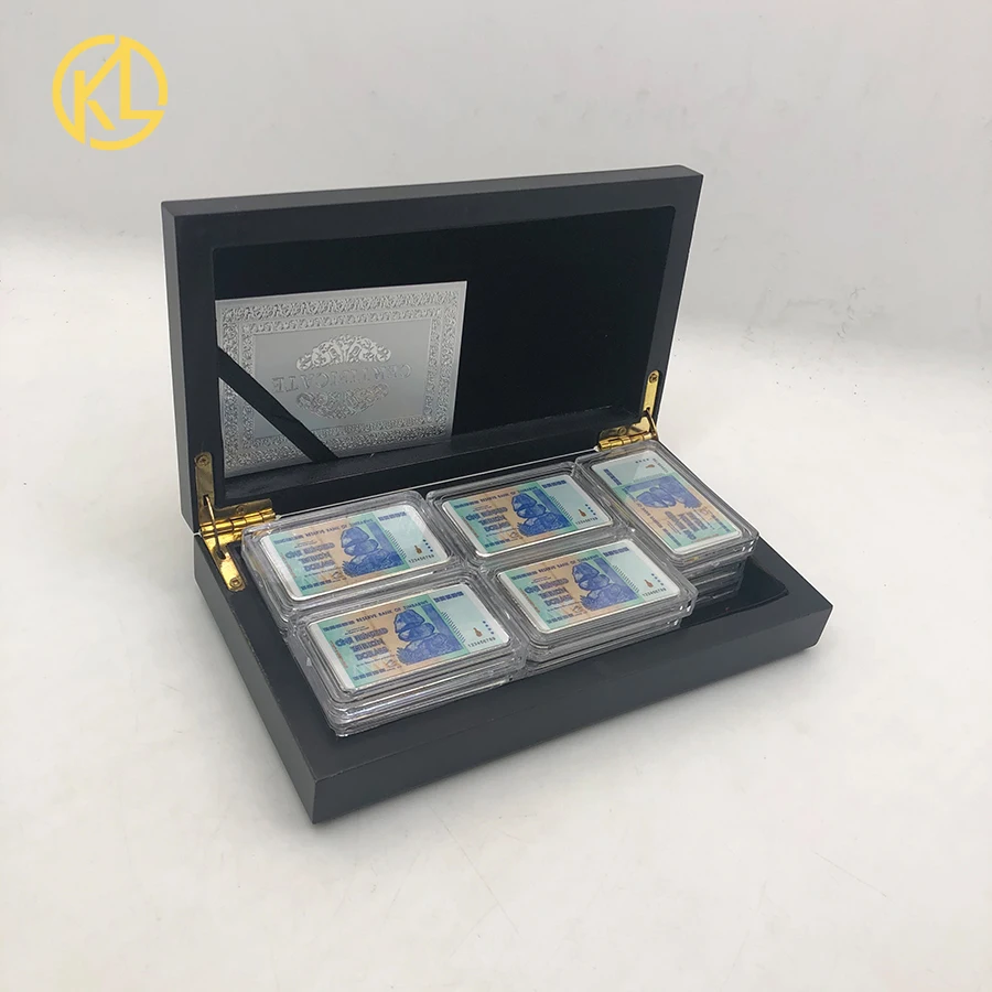 15pcs Fake Money 100 Trillion Dollars Zimbabwe silver Banknotes Bar Gold Coin with Nice Black Wooden Box