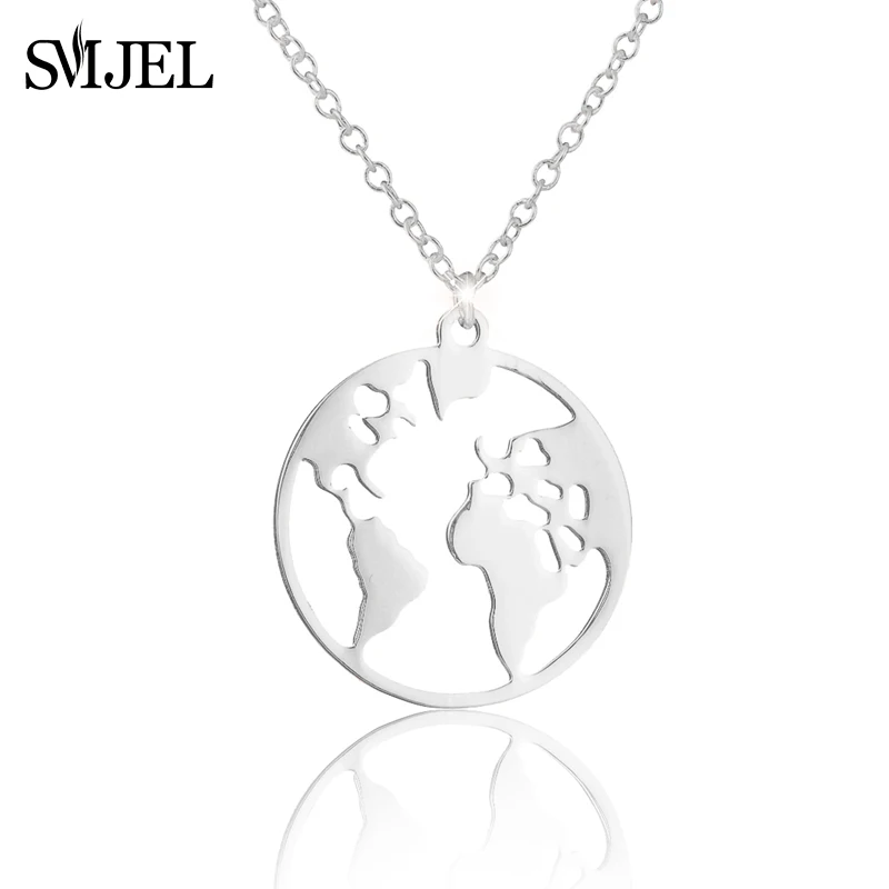 SMJEL Stainless Steel World Map Necklace pendants for Women Earth Day Gifts Wanderlust Travel Globe Jewelry Collier Femme 2025