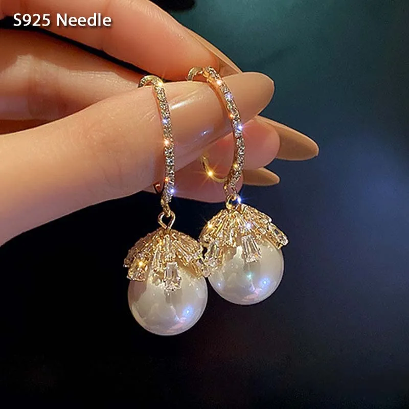 Silver Needle Long Dangle Drop Earrings for Women Jewelry Luxury Cubic Zircon 18K Gold Plated Alloy Pearls Female Earrings