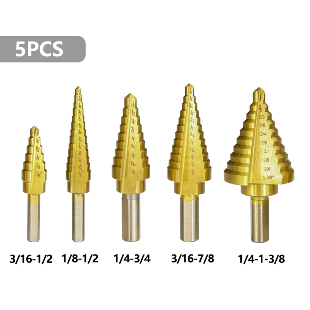 5pcs HSS Titanuim Straight Flute Step Drill Bit Set Pagoda Shape Hole Cutter in Aluminum Case Core  