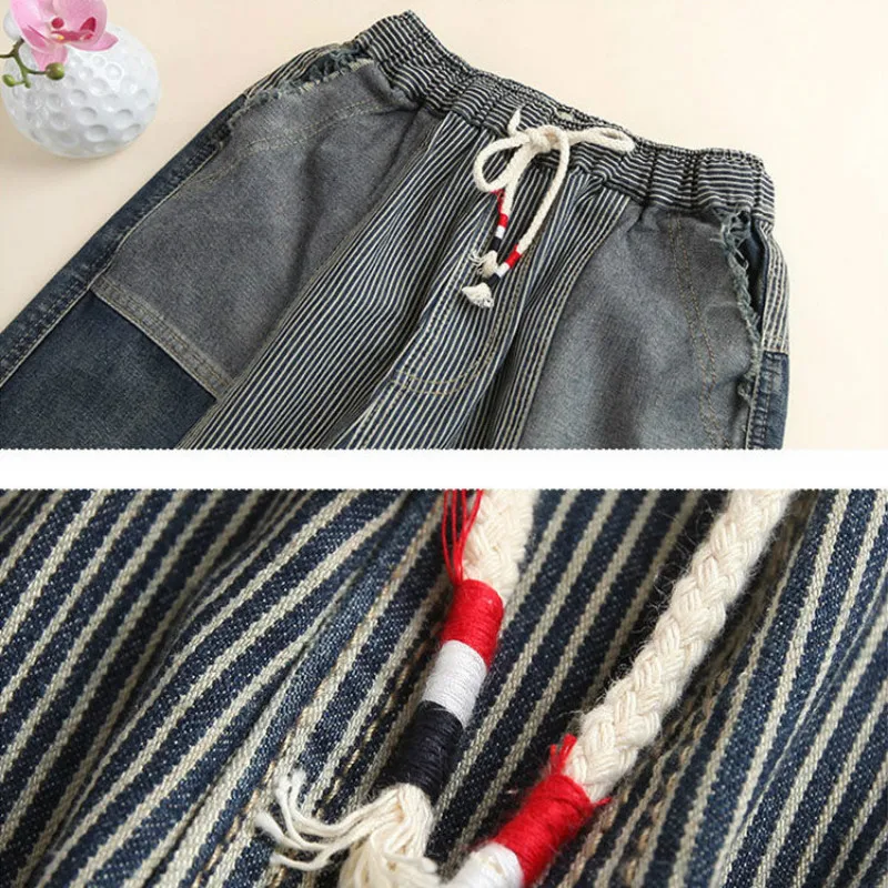 women jeans Striped Stitching Summer Jeans Artistic Loose Capri Harlan Pants Vintage Striated Jeans Woman Ankle-Length Pants