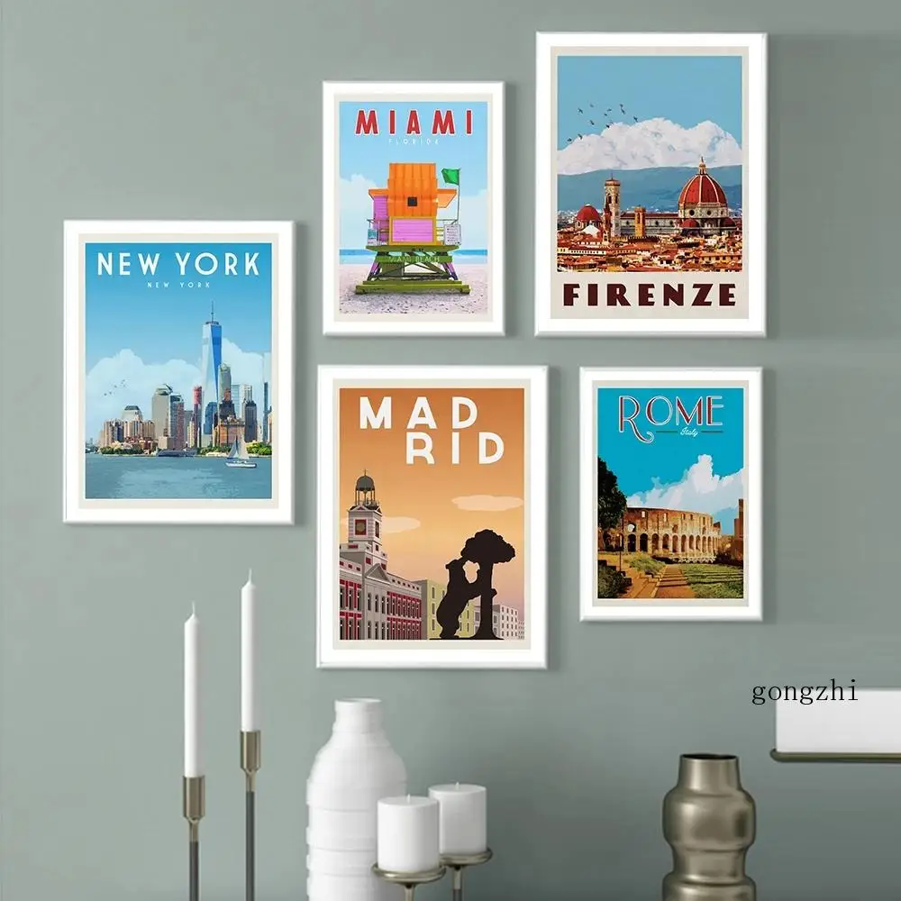 New York Rome Miami Madrid Firenze City Travel Poster Landscape Canvas Painting and Prints Wall Art Pictures Bedroom Home Decor