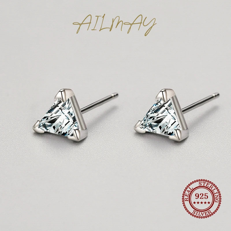 Ailmay Top Quality Real 925 Sterling Silver Simple Triangle Stud Earrings For Women Dazzling Clear Zircon Fine Jewelry