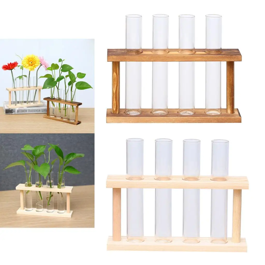 Crystal Glass Test Tube Vase in Wooden Stand Flower Pots for Hydroponic Plants Home Garden Decoration