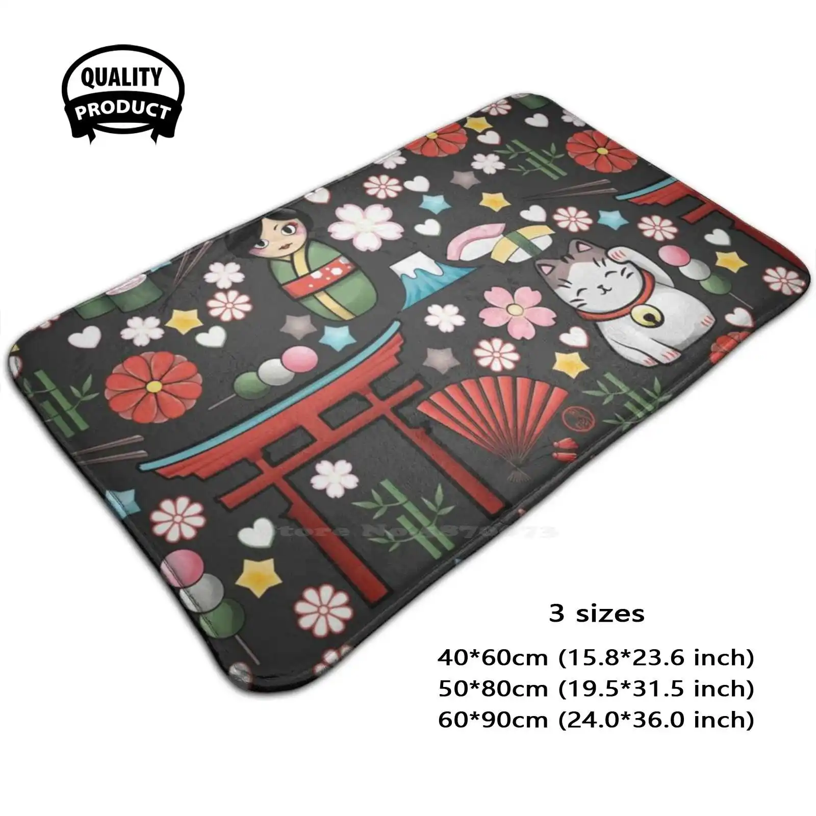 Myriade De Japonais On Dark Gray - Plethora Of Kawaii Japanese Motifs Soft Cushion Home Carpet Door Mat Car Rug Motifs All Over