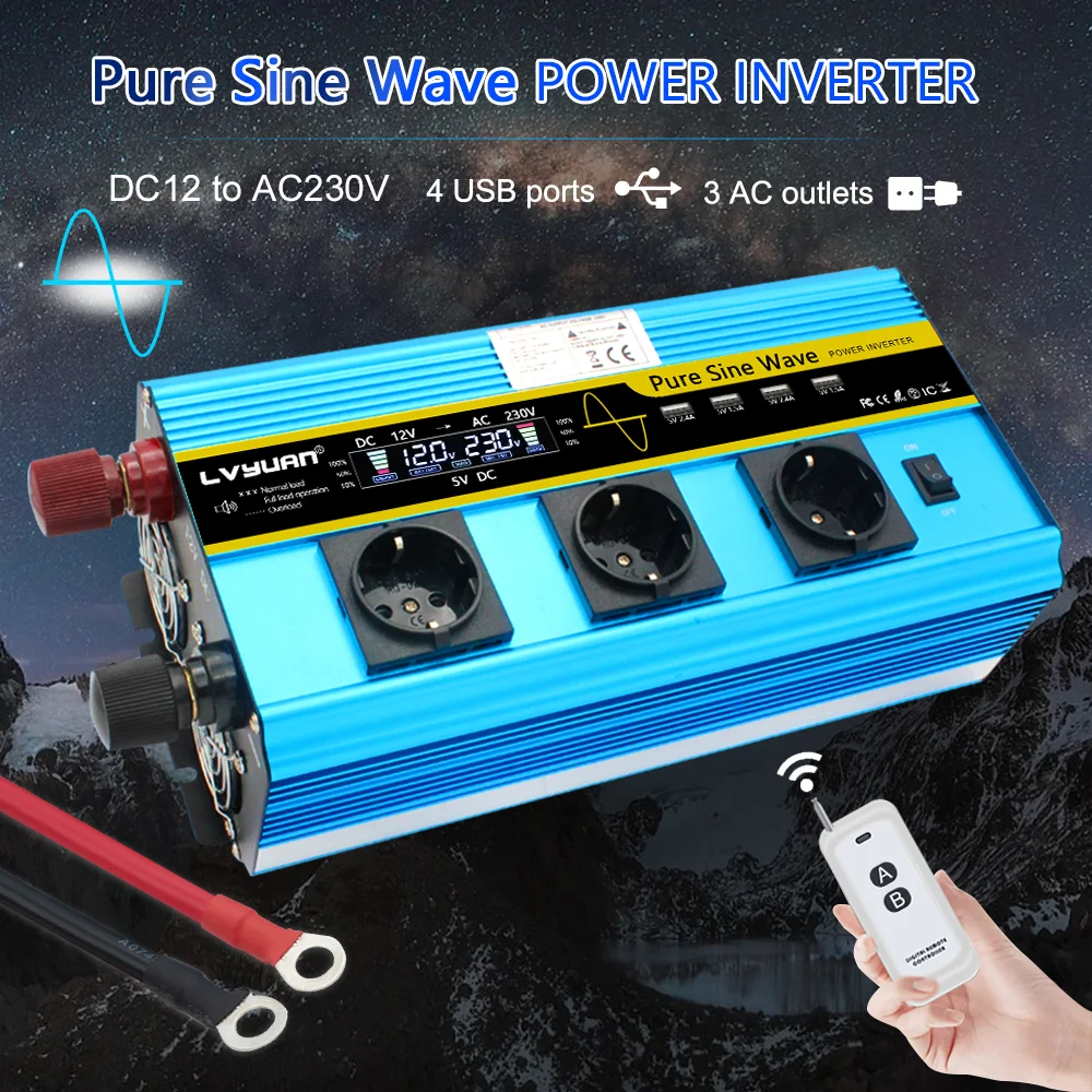 6000W Pure Sine Wave Inverter DC 12V/24V to AC 220V 230V LCD voltage display solar converter EU socket wireless remote control