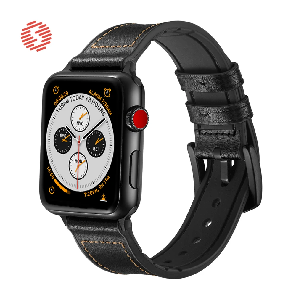 Shengone pulseira de couro e silicone macio para apple watch, da moda para apple watch séries 5 4 40 44mm, pulseira de substituição para relógio 3 2 1 38 42mm