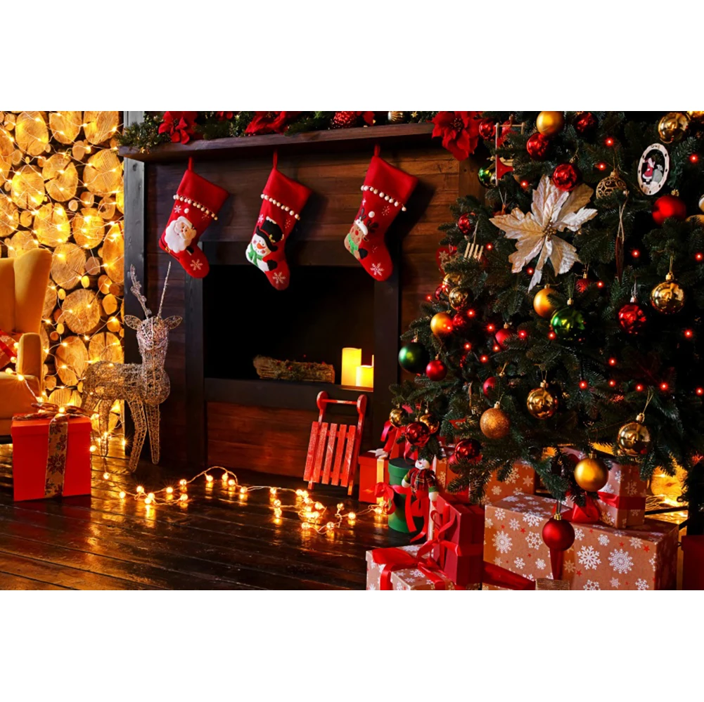 Laeacco Indoor Fireplace Wood Christmas Tree Gifts Socks Baby Birthday Backdrop Photographic Photo Background For Photo Studio