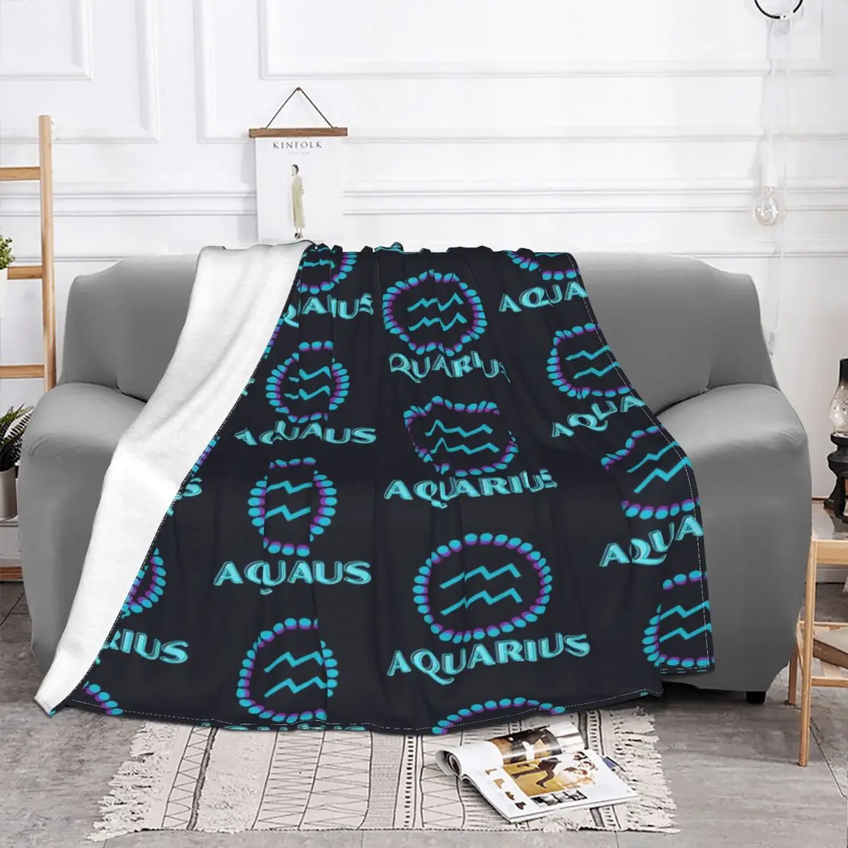 Aquarius-Manta con estampado del signo del zodiaco astrológico, colcha de lino a cuadros para cama, sofá, manta polar, colcha de