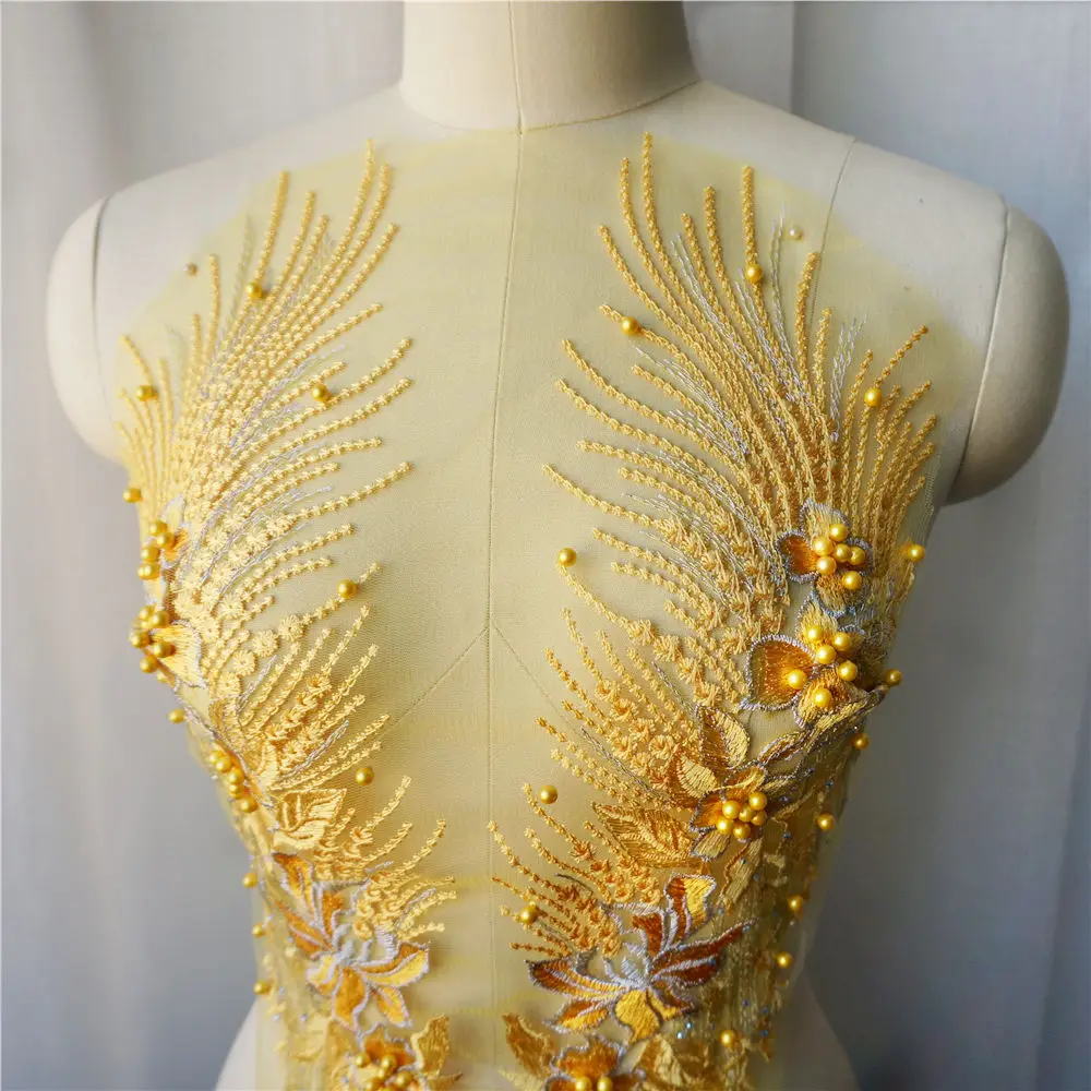 Yellow Lace Fabric Flower Tassel Beads Rhinestone Embroidered Gown Appliques Trims Collar Mesh Sew Patch For Wedding Decoration