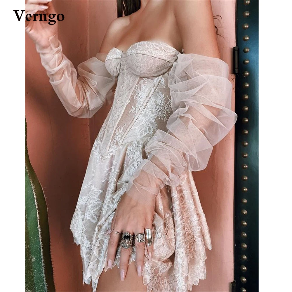 

Verngo Sexy Off the Shoulder Lace Short Prom Dresses Puff Long Sleeves Sweetheart Applique Mini Bride Party Gown Robe mariage