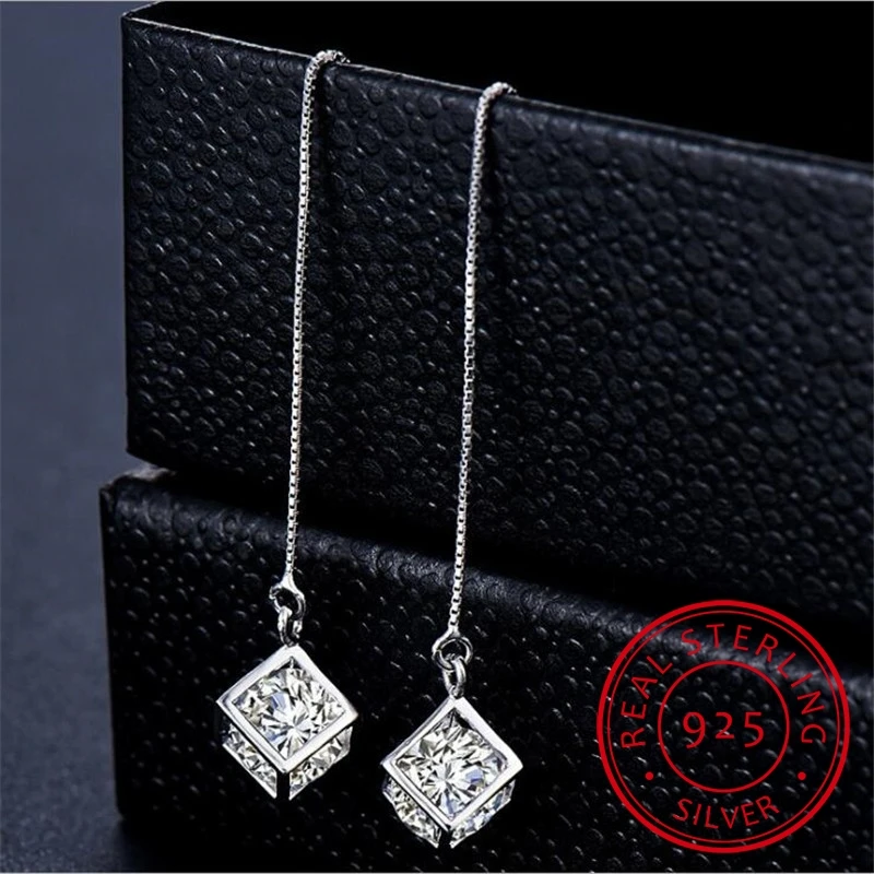 Elegante Mode 925 Sterling Zilveren Kubus Liefde Venster Zirconia Suiker Drop Oorbellen Box Ketting Lange Kwast Oorbellen S-E238