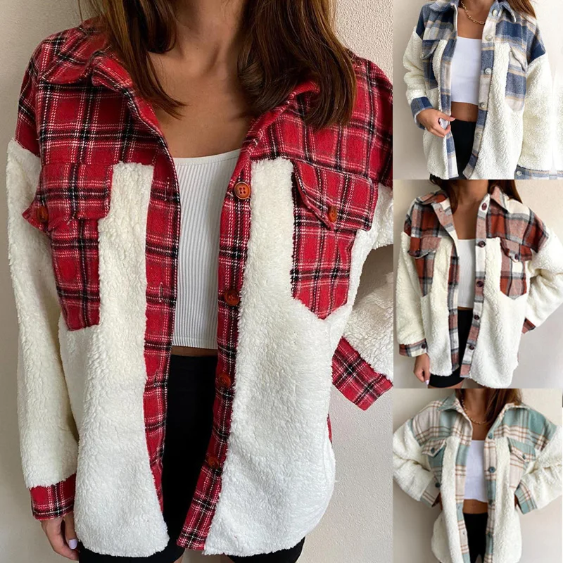 2020 Winter New Women's Coat Warm Long Sleeve Stitching Plaid Pocket Jacket for Vacation Travelling Party Holiday