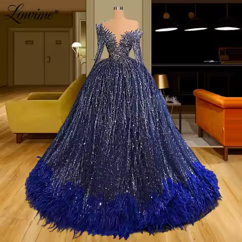 Blue Prom Dresses Feather Long Puffy Evening Dress Beaded Arabic Dubai Party Gown Robe De Soiree Formal Evening Wear Customized