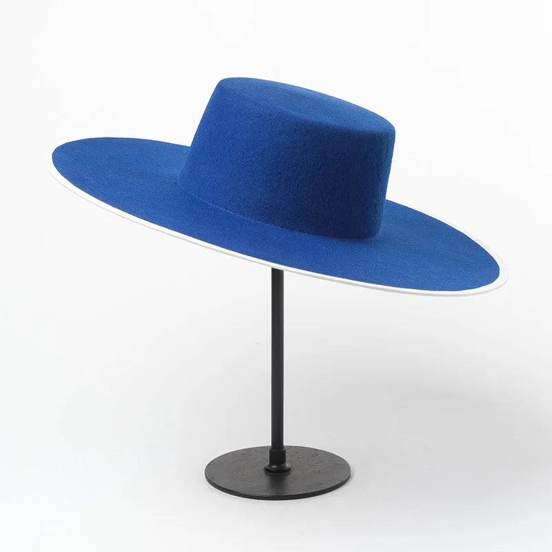 New Blue Real Wool Flat Fedora Hat Men Wome Solid color Big Wide Brim Felt Hat Derby Party Church Hat Adjustable Panama Jazz Hat