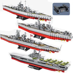 Military WW2 Bismarck Class Battleship USS HORNET CV-8 HMS Hood Model Building Blocks North Carolina Luzov Warship Bricks Toys