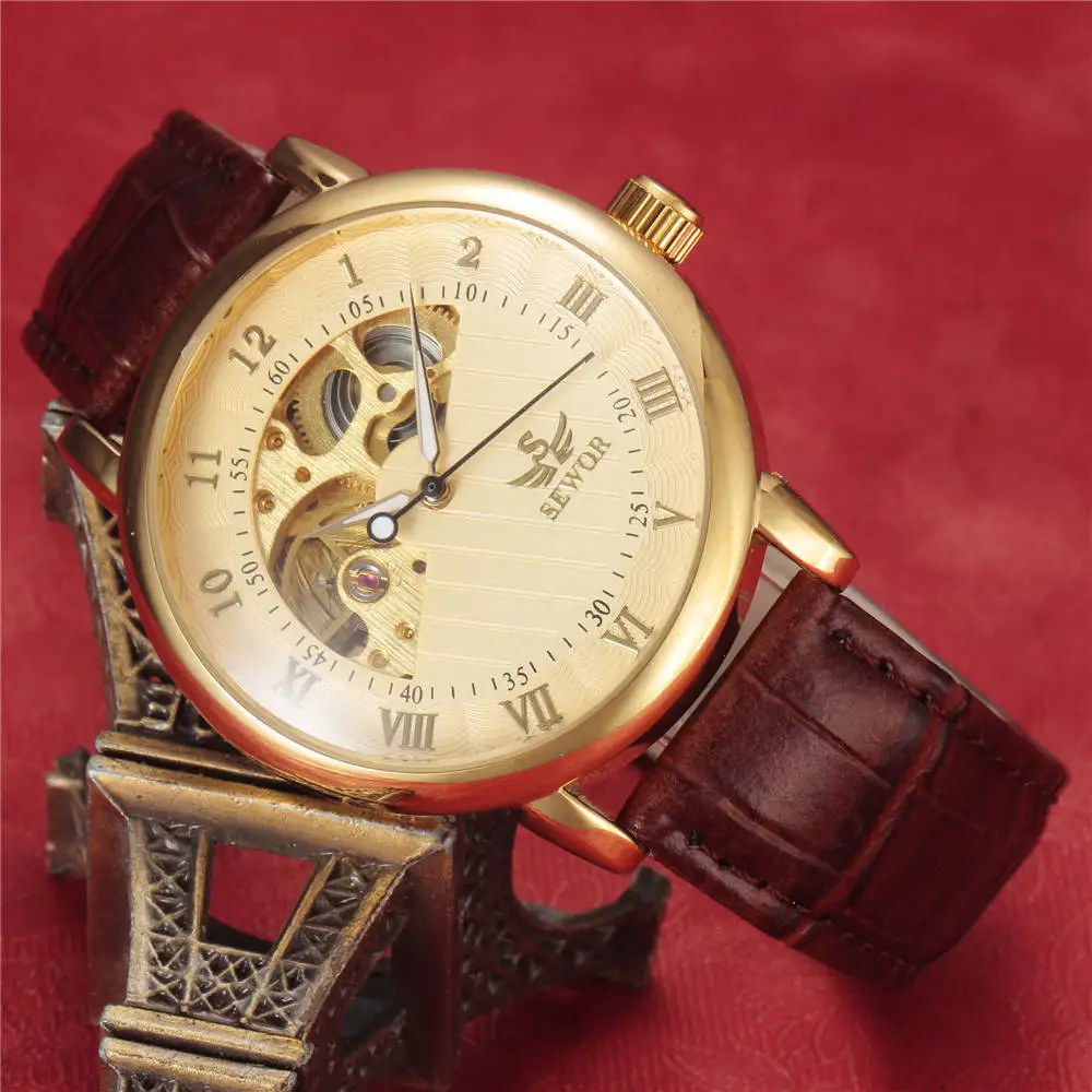 relogio masculino Luxury Brand SEWOR Men Watches Gold Skeleton Automatic Mechanical Watches Luxury Men Dress Watch Leather Strap