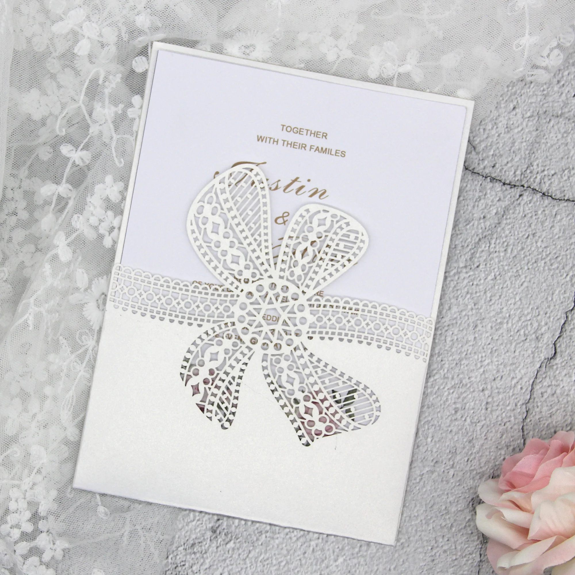 Printed Custom Invitations with Lace Bows, Laser Cut, Wedding Invitation Card, Engagement, Birthday, Baptism, Elegant