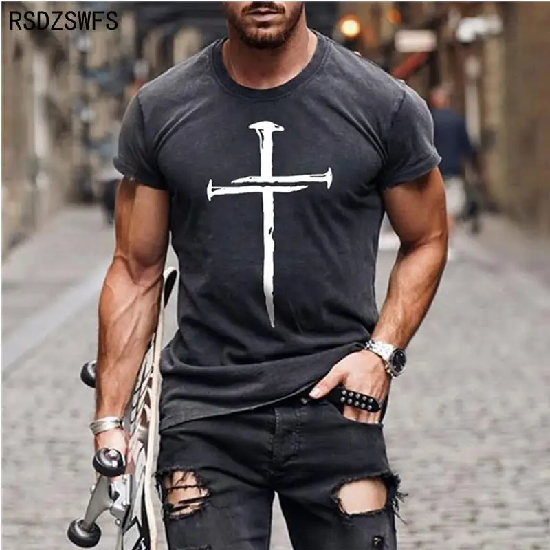 Men\'s Jesus Christ Cross 3D printed T-Shirt Summer Casual All-Match Fashion Short-Sleeved Oversized Round Neck Streetwear