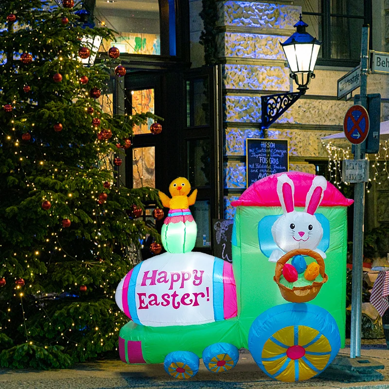 Lapin gonflable de pâques, 4.9 pieds, Train de conduite, voiture de divertissement, jouets d'intérieur et d'extérieur éclairés par LED, décoration de pelouse de cour