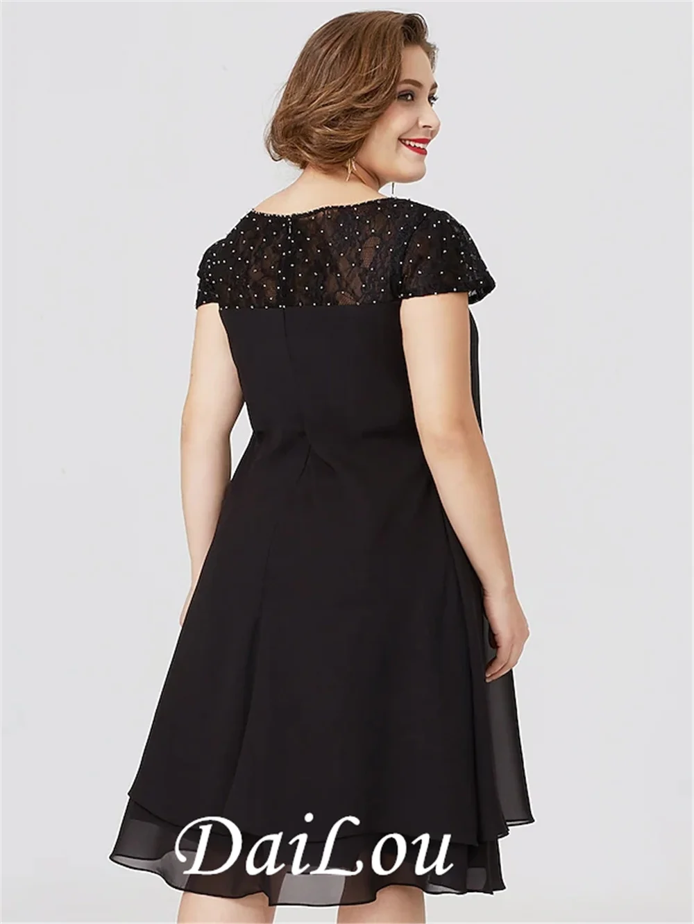 Petite robe noire en mousseline de soie, grande taille, col transparent, longueur aux genoux, dentelle, manches courtes avec plis, perles, 2021