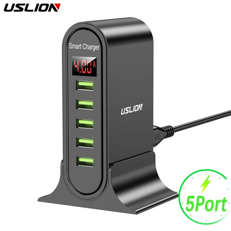 USLION USB Charger 5 Port Multi USB Phone Fast Charging For iphone 15 EU US UK Plug Digital Display Travel Wall Charger Adapter