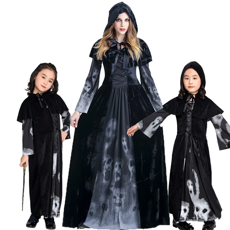 Girl Adult Halloween Cosplay skull Long Black ghost Scary Vampire Witch dress costumes Clothes Women Medieval Masquerade Costume