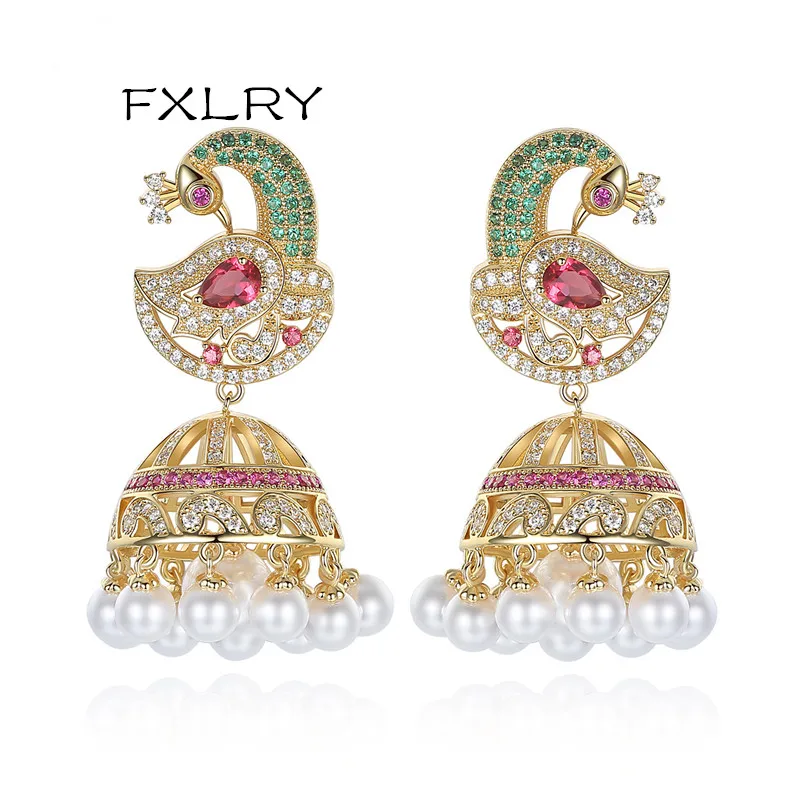 FXLRY New Design Multi Color Cubic Zircon Simulated Pearls Big Multi Phoenix Drop Earrings Women Bride Jewelry