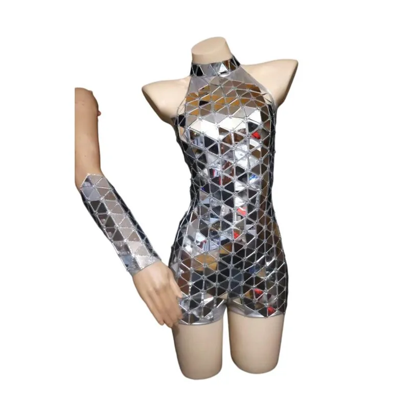 

New Sparkly Silver Mirror Rhinestone Sexy Bodysuit Gloves Celebrate Evening Outfit Prom Women Dancer Show Stage Wear Bodysuit