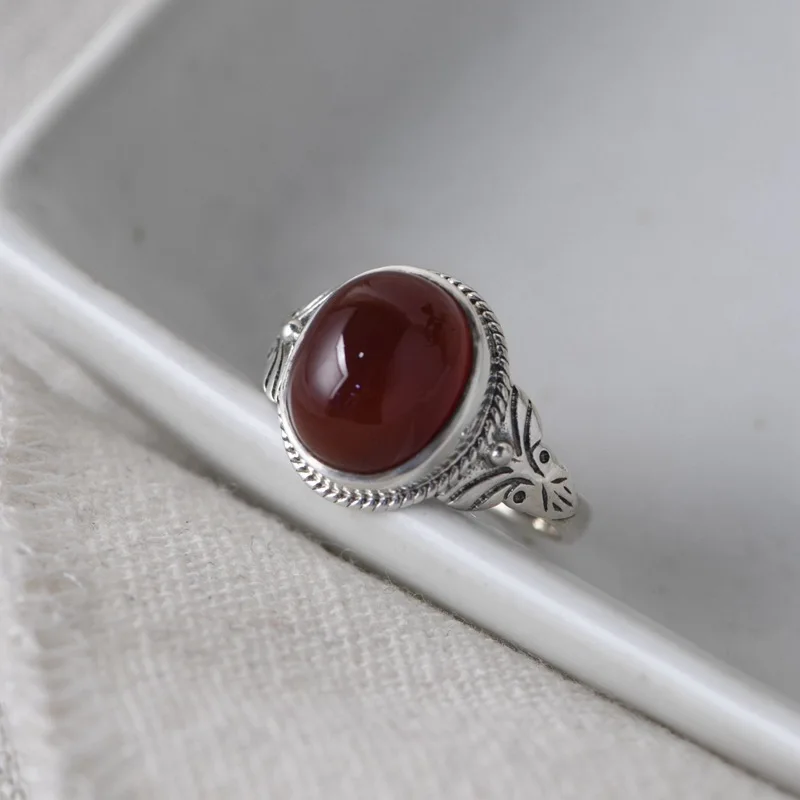 FNJ 925 Silver Red Agate Ring for Women Jewelry 100% Original Pure S925 Silver Sterling Ring Ruby Flower Pattern