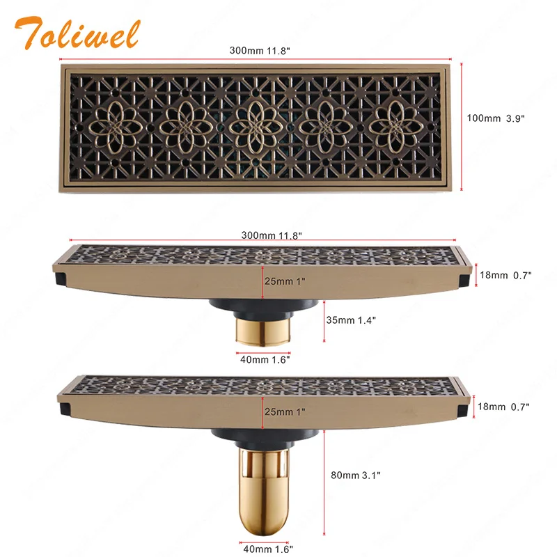 30 X 10 Rectangle Bathroom Drainer Linear Shower Floor Drain Trap Waste Grate Strainer Antique Brass Flower Carved