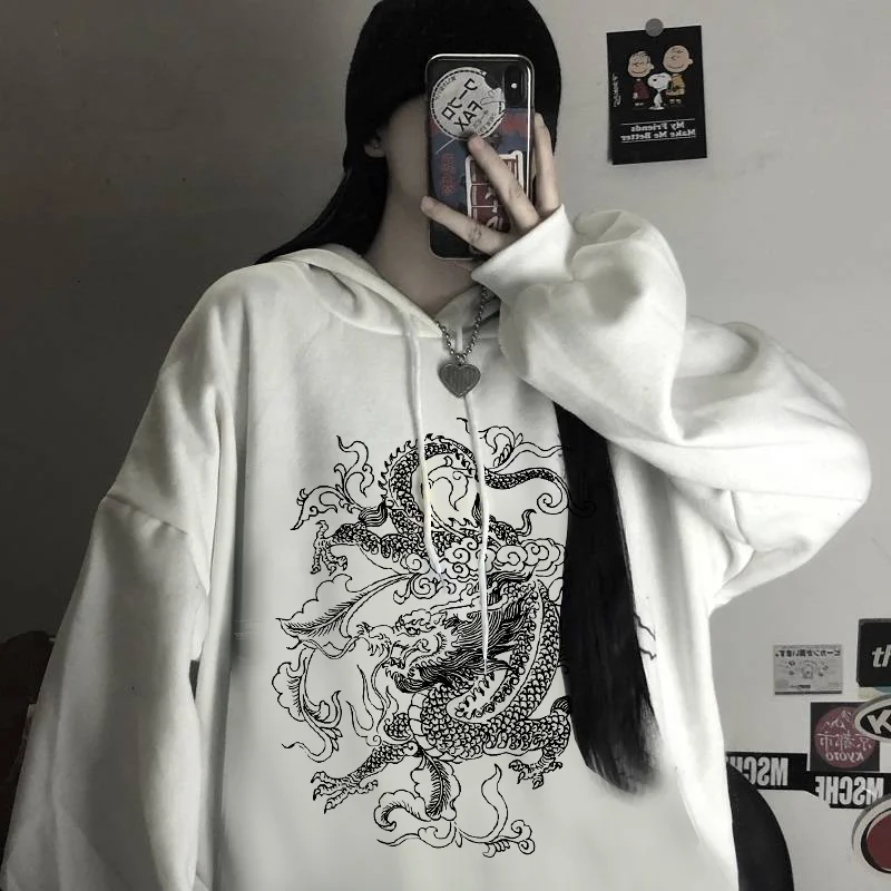 Chinese Dragon Print Hooded Women Sweatshirt Winter Clothes Women Oversized Sweetshirt Harajuku Vintage Hoodie Streetwear Hoodie