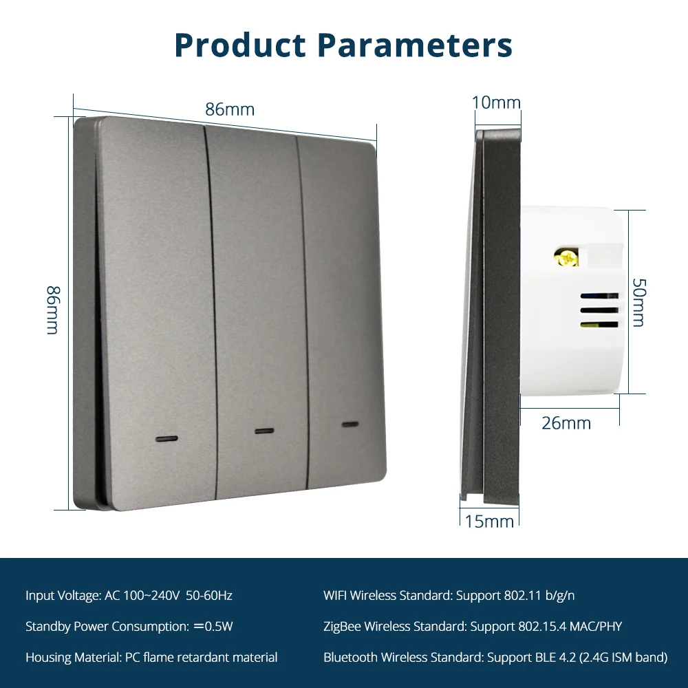 Zemismart Tuya WiFi Light Switch 1 2 3 Gang Physical Switch Neutral Optional Smart Life App Alexa Google Home Voice Control Gray