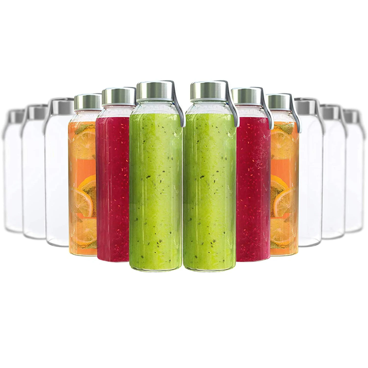 

Glass Water Bottles - Glass Bottles with Caps Juice Bottles - Featuring Stainless Steel Leak-Proof Lids with Carrying Strap