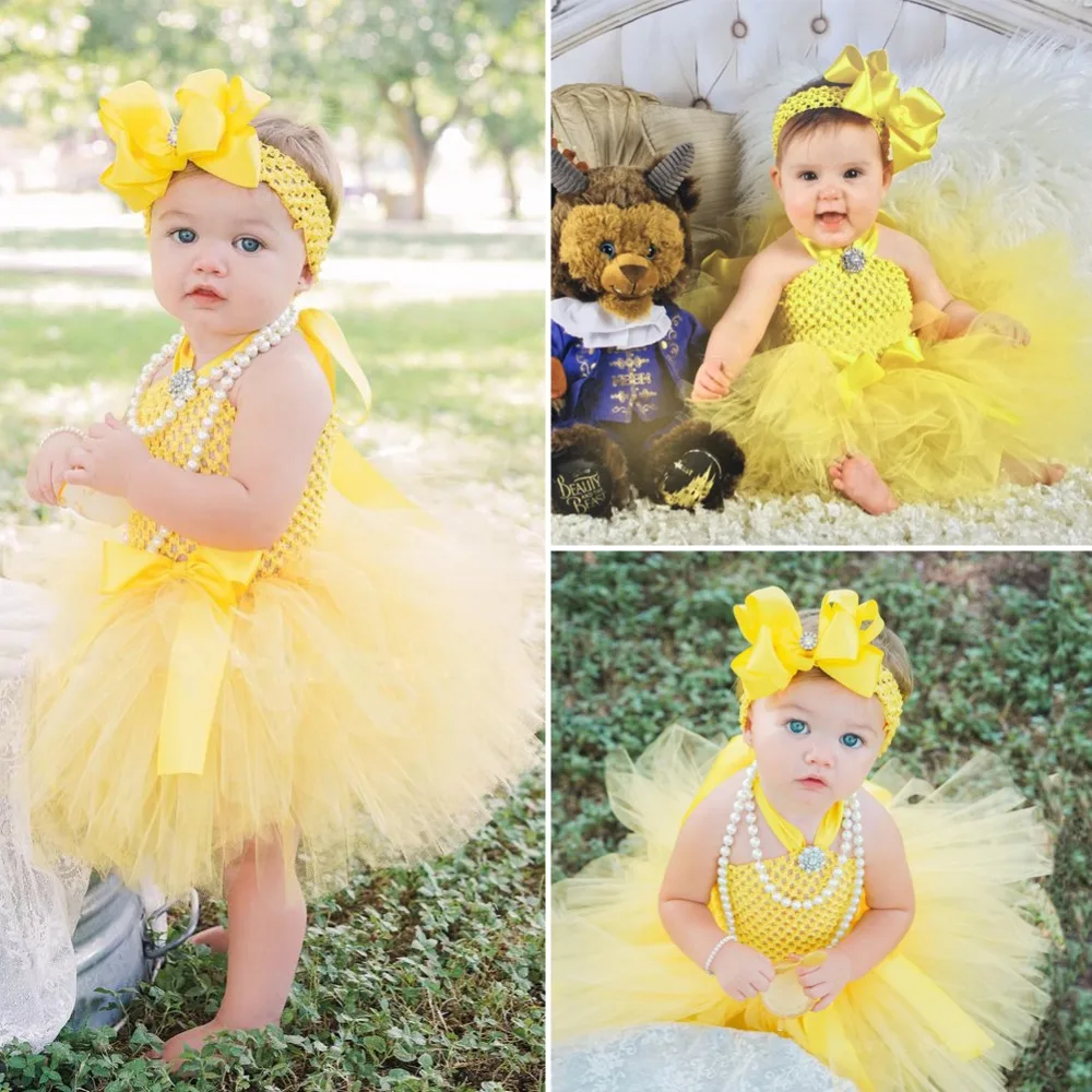 Cute Baby Girls Yellow Tutu Dress Infant Toddler Crochet Tulle Dress with Hairbow Set Children Birthday Party Costume Dresses