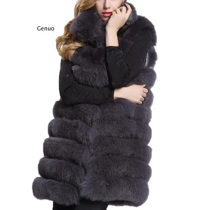 Winter New Stand Collar Thick Warm Long Faux Fur Vest Women Luxury Furry Fake Fur Coats Women  Streetwear